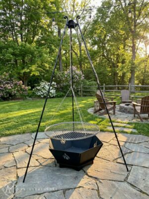 GRILL ZESTAW HEKSAGON trójnóg kuty + palenisko masywne 75cm + ruszt INOX 70cm
