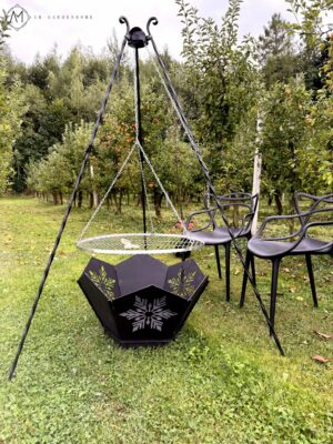 GRILL ZESTAW CALIX Trójnóg kuty + Palenisko masywne śr.76cm gr.0,5cm + Ruszt INOX 70cm + PREZENT